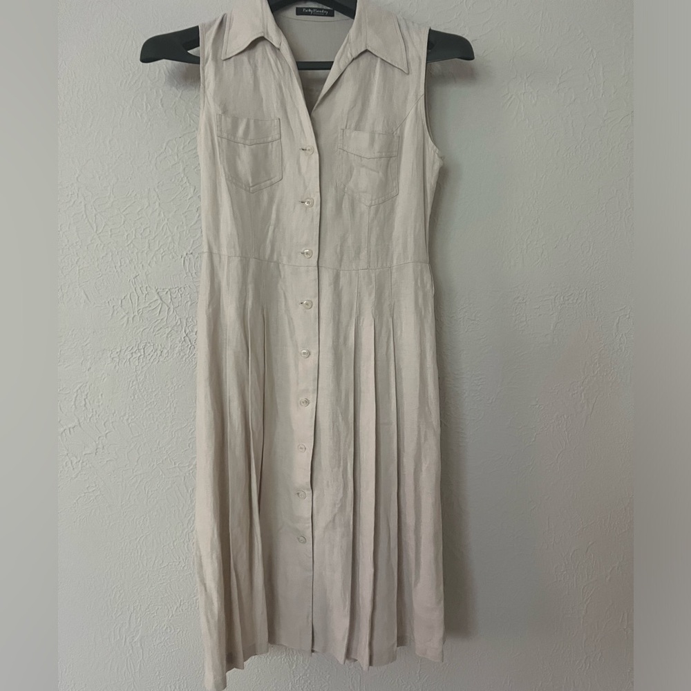 Betty Barclay Linen Beige Button Down Pleated Collar Neck Neutral Dress Size 8